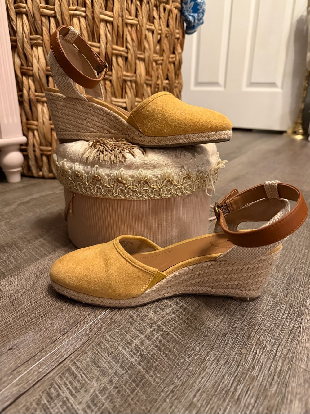 Style & Co. Mustard Yellow Espadrille Wedge Sandals with Tan Ankle Strap